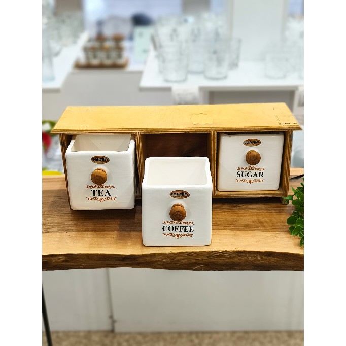 پاسماوری بانکه سه کشو چای قهوه شکر چوب و سرامیک