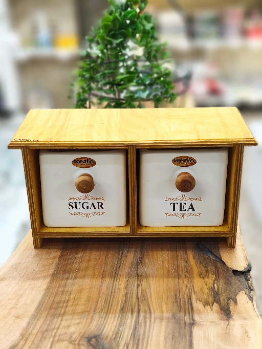 ست پاسماوری بانکه دو کشو، مناسب چای و شکر، جنس چوب و سرامیک